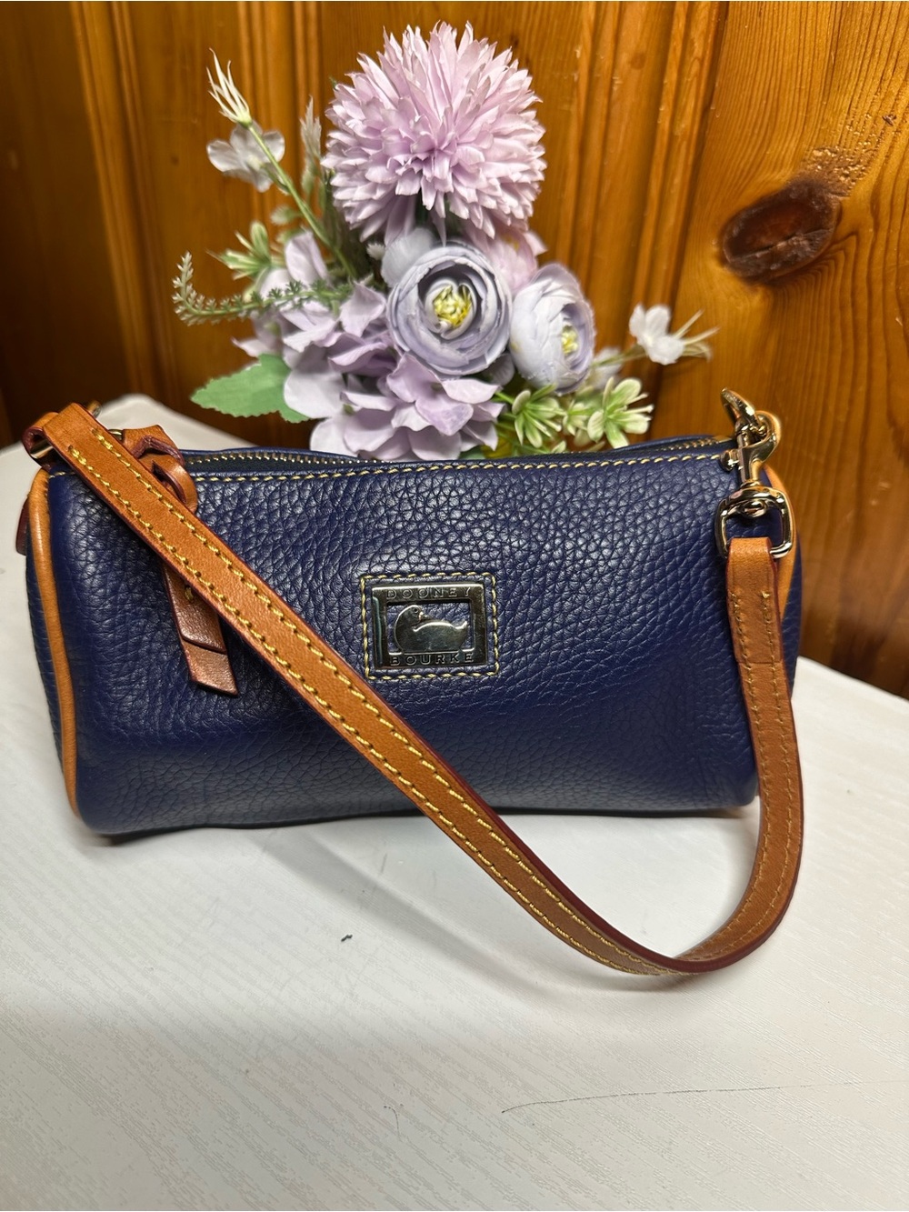 Dooney & Bourke Navy Pebbled Leather Wristlet with Brown Trim